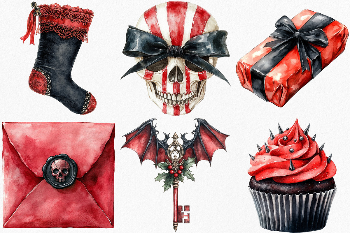 Watercolor Gothic Christmas Clipart, an Illustration by Canvas Craft (Photo 2 of 7)