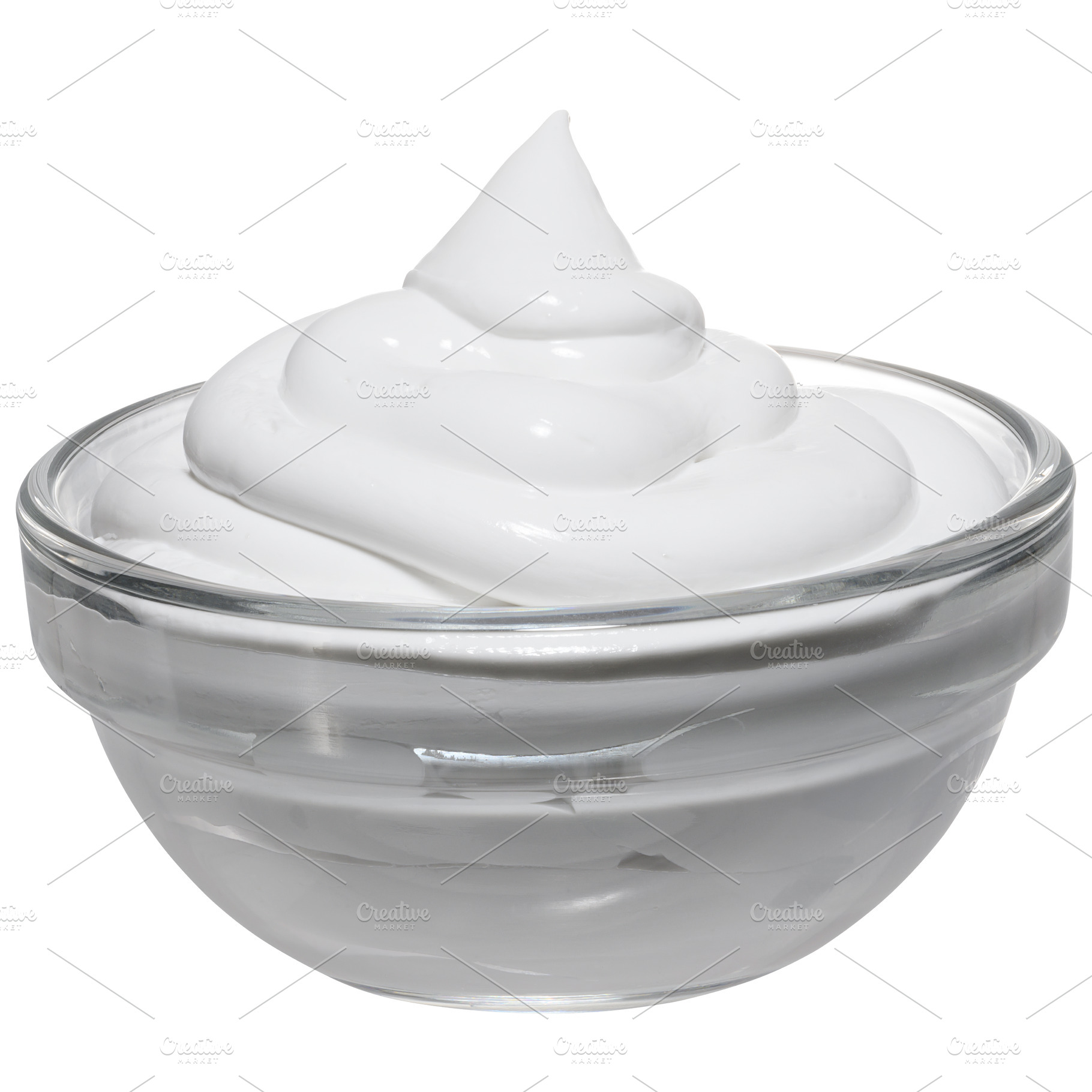 A portion of thick sour cream or yogurt in a transparent glass b, a Food & Drink Photo by ndanko
