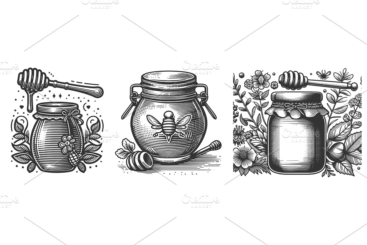 Honey Jar engraving set vector, a Food Illustration by AlexArt