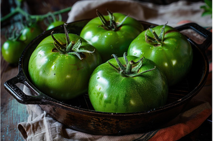 Fresh green tomatoes resting in cast, a Food & Drink Photo by Ylivdesign