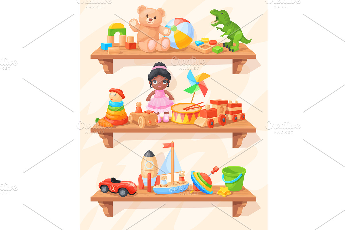 Cartoon toy shelf. Toyshop wooden, an Object Illustration by Stock-Smart-Start