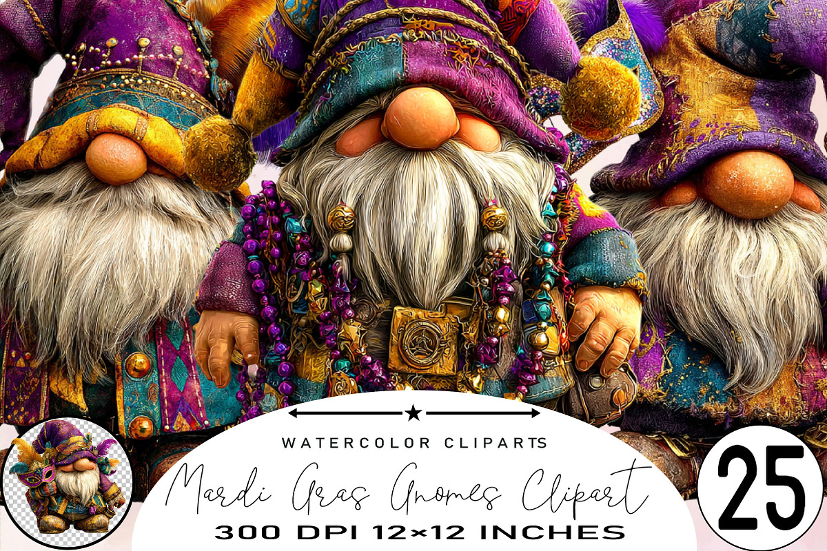 Watercolor Mardi Gras Gnomes Clipart, an Illustration by SVGArt (Photo 1 of 7)