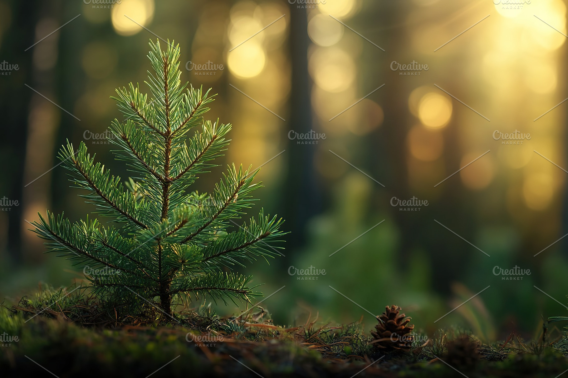 Young pine tree sapling planted in forest soil on sunset background, a Nature Photo by AlyaAnd