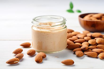 Glass jar of almond butter on wooden background, a Food & Drink Photo by AlyaAnd
