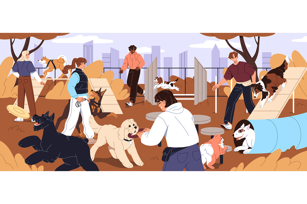 Pet owners training dogs at park, an Animal Illustration by PaperTrident (Photo 2 of 2)