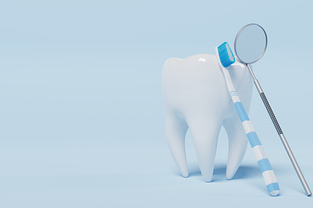 Tooth with dental inspection mirror on blue background. Dental and Health care, a Health & Medical Photo by Ministocker