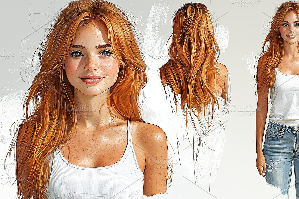 Smiling woman with long red hair wearing casual denim jeans and a white top, an Illustration by AS photostudio