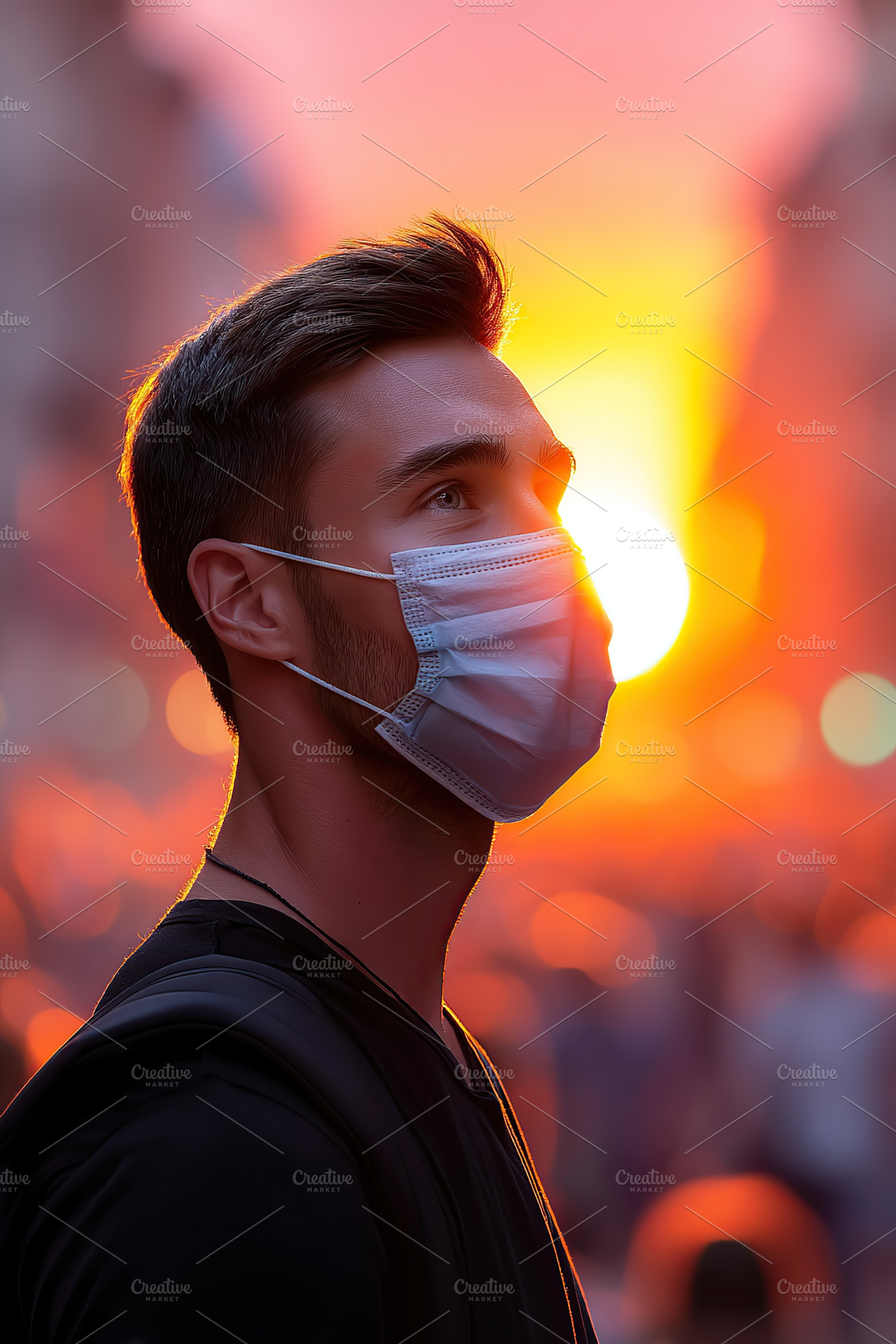 Young man wearing a mask against a vibrant sunset in a busy urban setting, a Person Photo by AlyaAnd