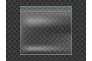 Plastic Transparent Bag Isolated On Checkered Background. Realistic Vector Mockup.