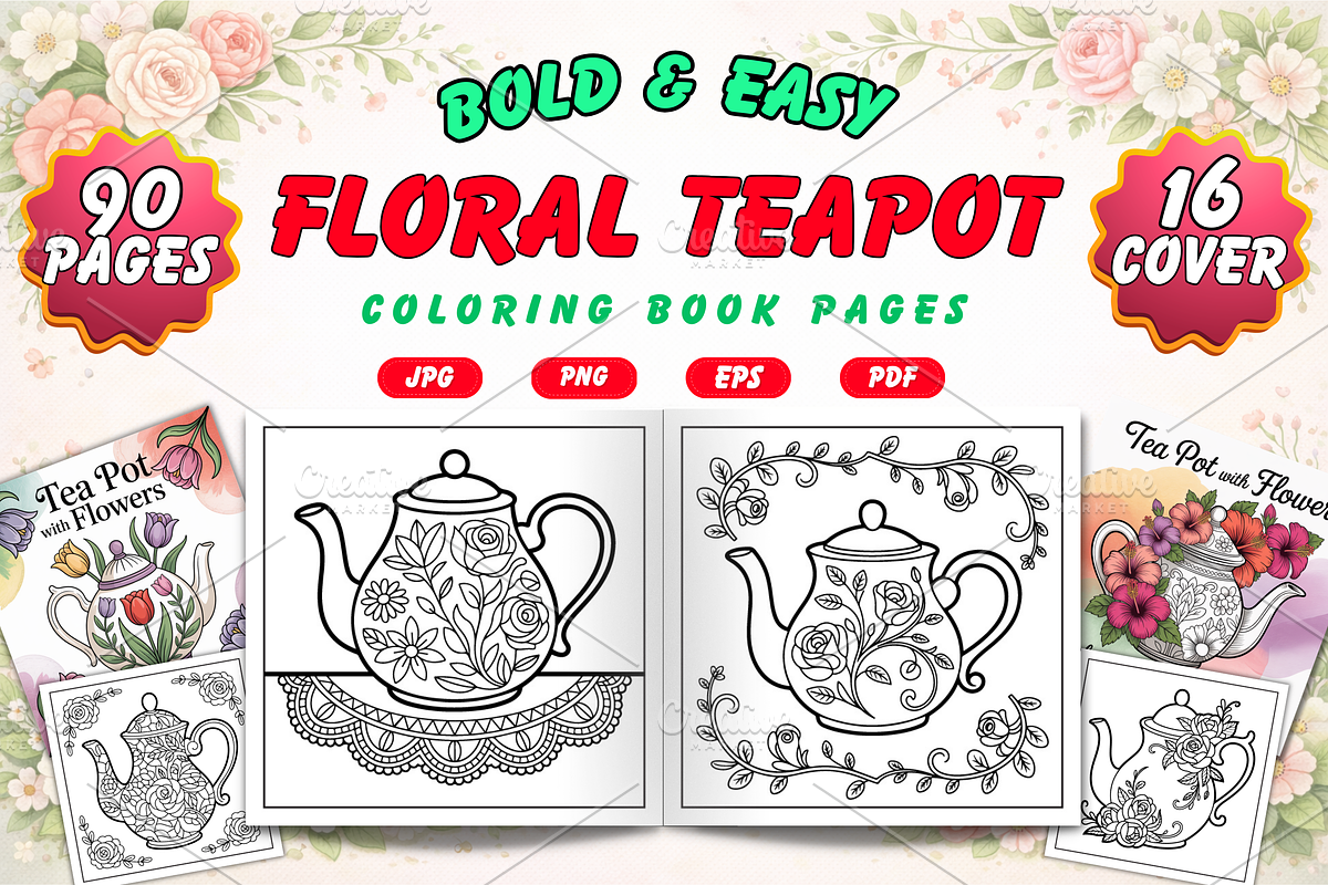 Floral Tea-Pot Coloring Pages, a Decorative Illustration by Neon Studio (Photo 1 of 3)