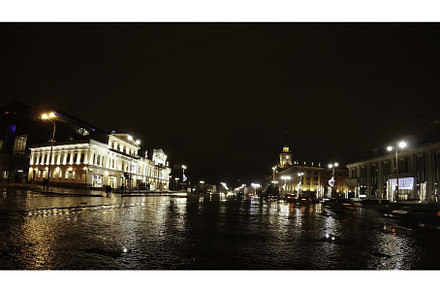 A Rainy Night Cityscape Featuring, an Architecture Photo by Media Whale Stock