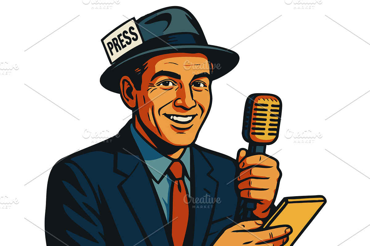 Retro Journalist Holding Microphone, a Person Illustration by AlexArt