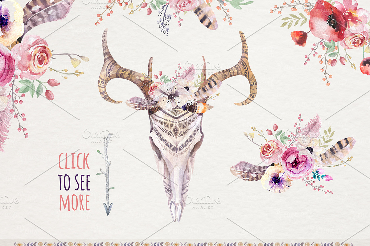 Watercolor boho skulls, a Decorative Illustration by Peace ART (Photo 2 of 7)