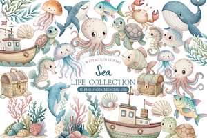 Watercolor Cute Sea Animals Clipart, an Illustration by MockupWizard