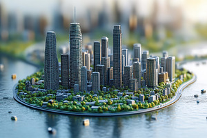 Modern skyline reflecting on water i, a Photo by Tanuart