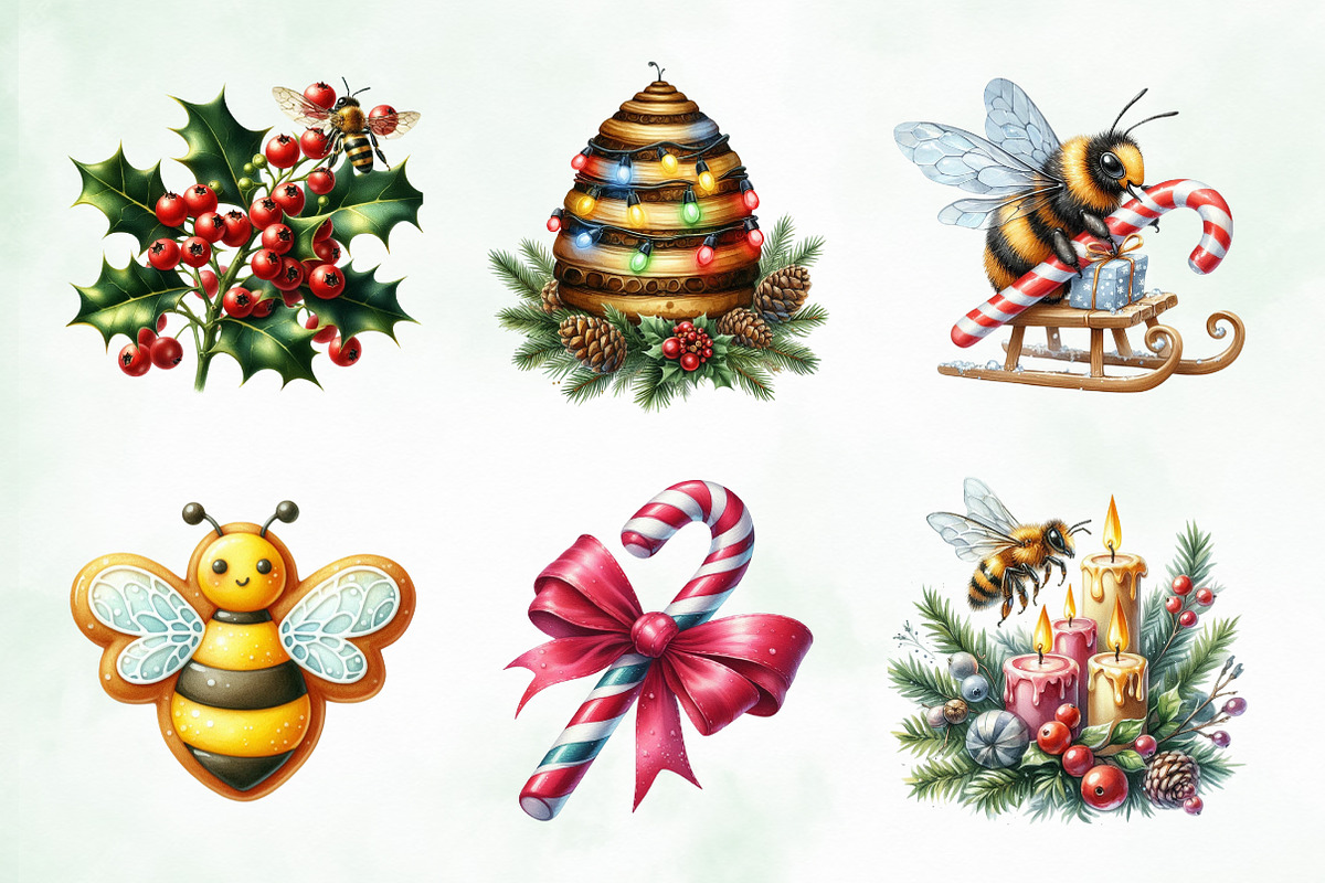 Cute Cartoon Christmas Bees Clipart, an Illustration by Creative Art (Photo 9 of 9)