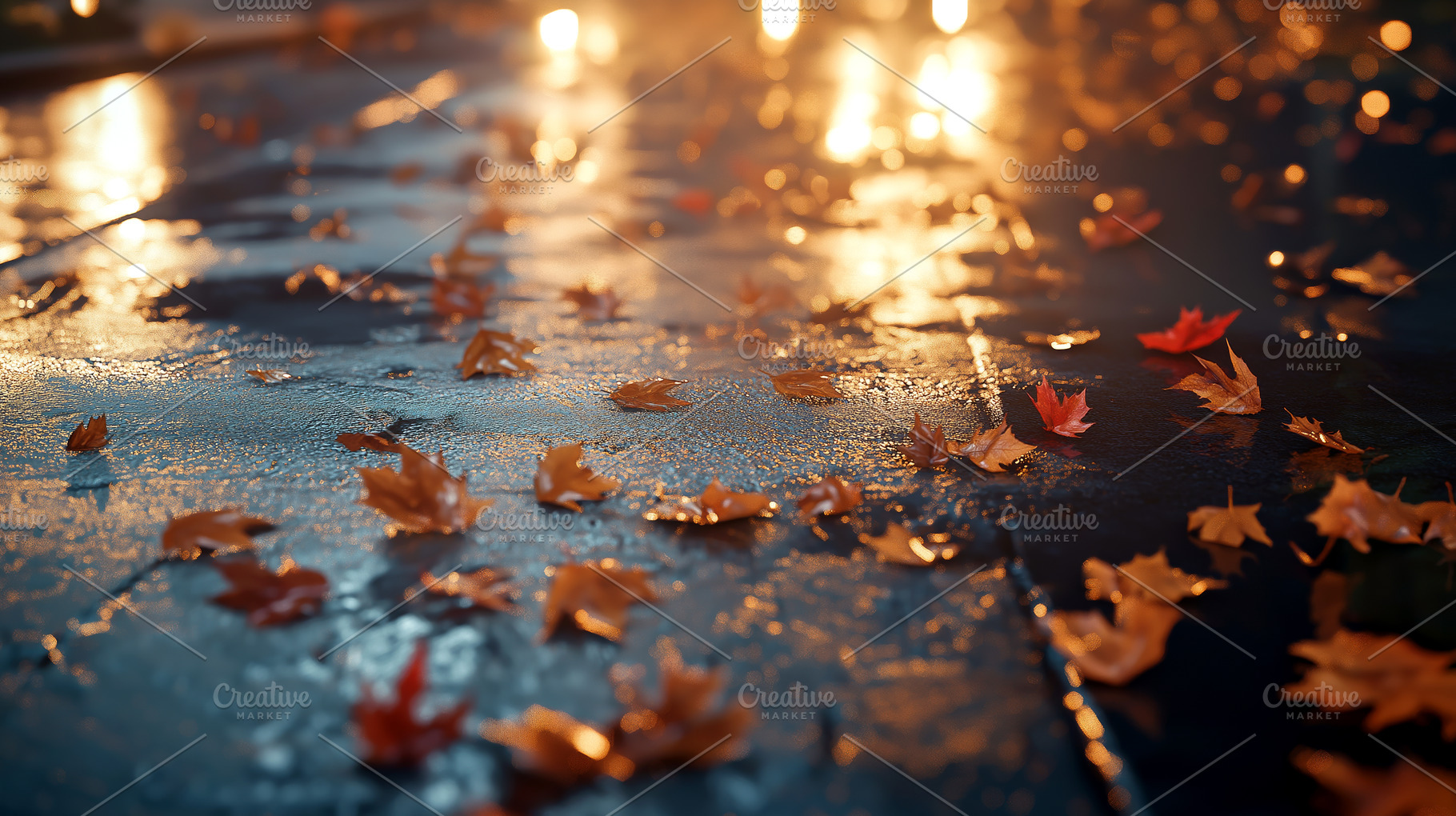 Moody Autumn Evening: Wet Pavement with Fallen Leaves Illuminated by Soft Ambie, a Nature Photo by Ocean Digital Art