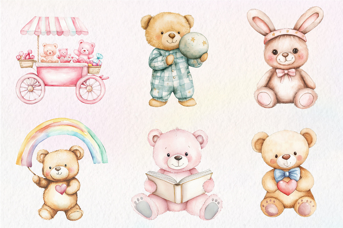 Watercolor Pink Cute Blush Teddy Bea, an Illustration by CreationArt (Photo 6 of 9)