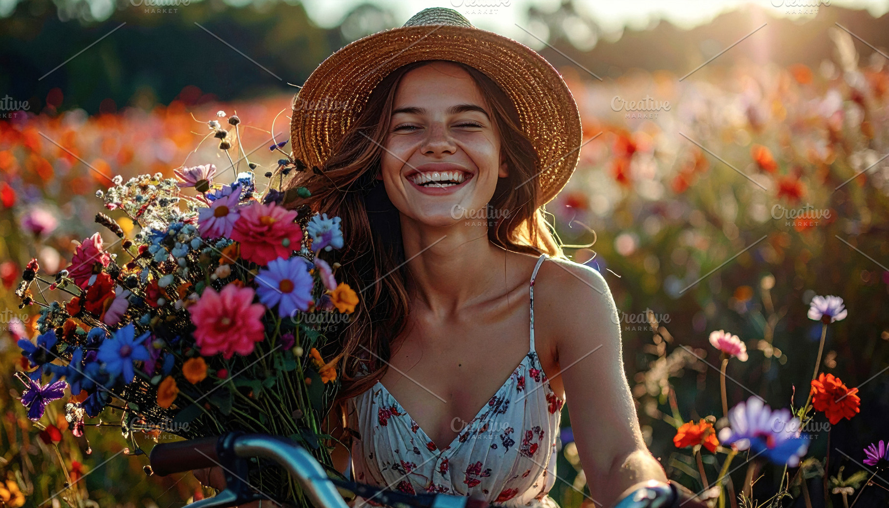 Smiling Young Woman with Flowers in Sunset Field, a Person Photo by Davizro's Market