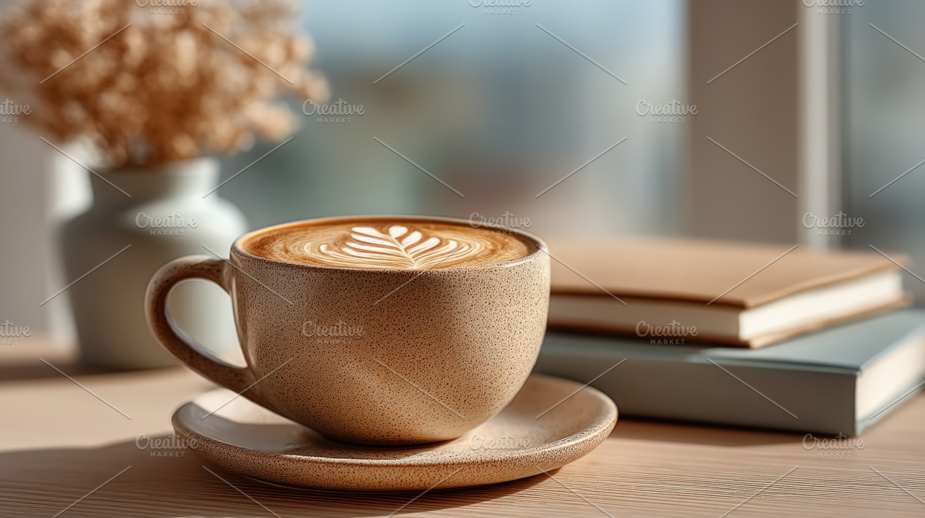 Latte Art Coffee Cup with Books in Warm Sunlit Reading Corner, a Food & Drink Photo by José Manuel Gelpi