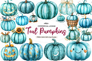 Watercolor Teal Pumpkins Clipart, an Illustration by CreationArt (Thumbnail 1 of 5)