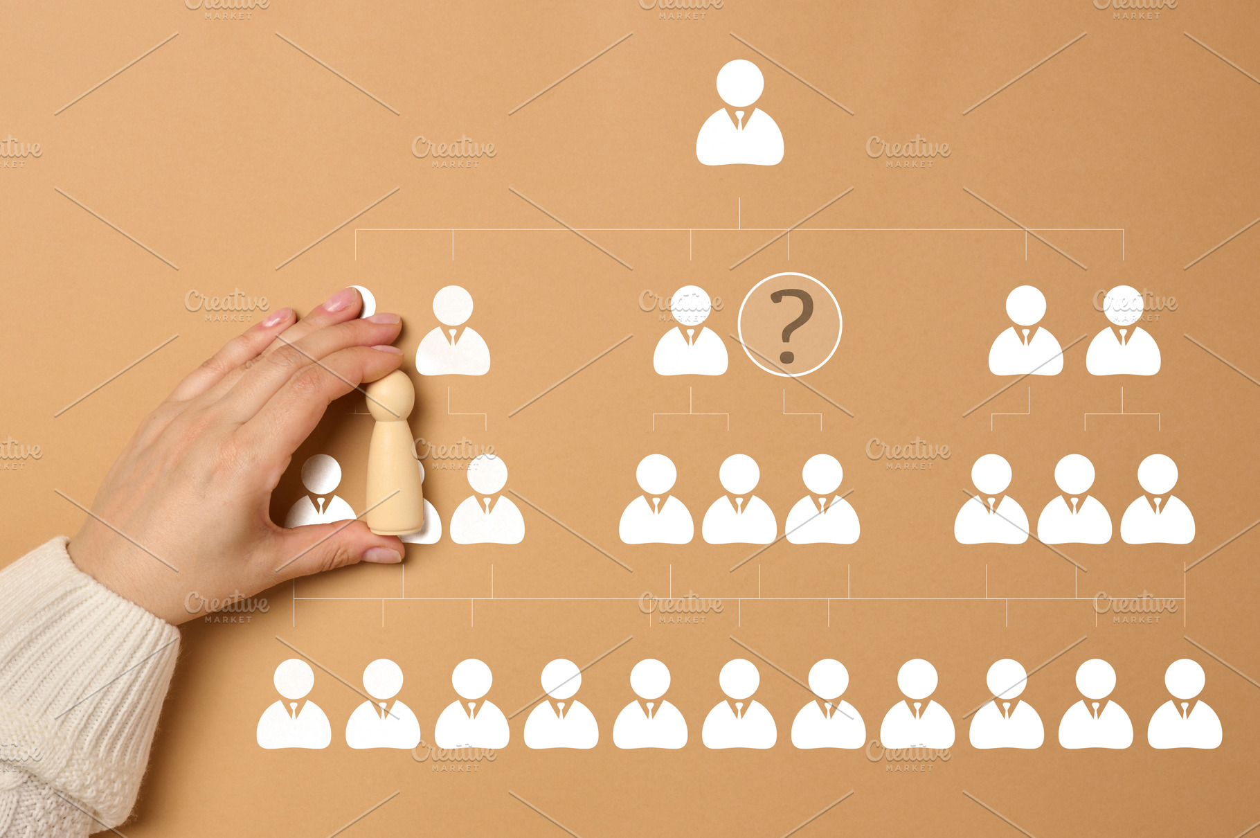 Hand places a wooden figurine on a corporate hierarchy chart wit, a Business Photo by ndanko