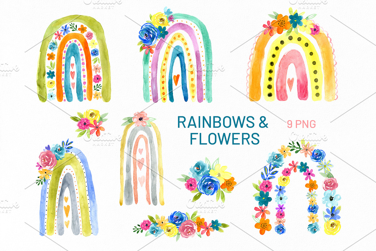 Bright Watercolor Rainbows & Flowers, a Decorative Illustration by GraphicsDish