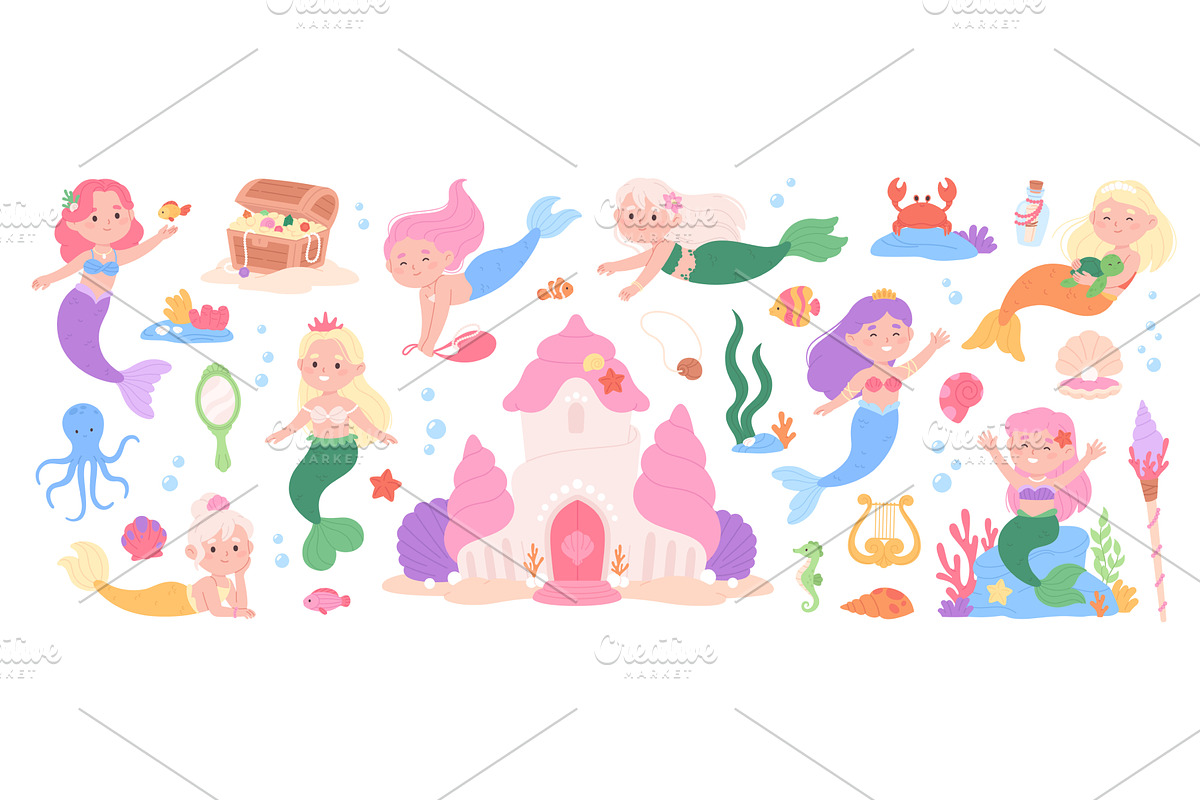Cartoon mermaid and accessories, an Illustration by LadadikArt
