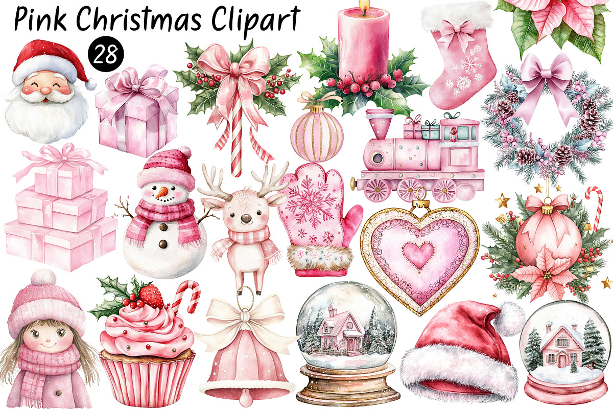 Watercolour Pink Christmas Clipart, a Seasonal Illustration by CitraGraphics (Photo 1 of 7)