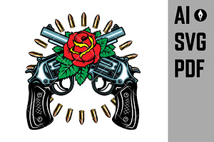 Crossed Guns With Roses. Design