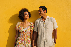 Couple enjoying a warm moment together against a vibrant yellow wall in a sunny, a Photo by AlyaAnd