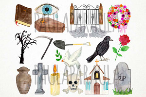 Watercolor Cemetery Clipart, Funeral