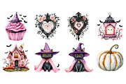 Watercolor Pink Halloween Clipart, a Seasonal Illustration by CitraGraphics (Thumbnail 4 of 5)