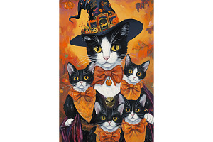 Halloween Tuxedo Cat Family Wall Art, an Animal Illustration by Art Paradise Studios