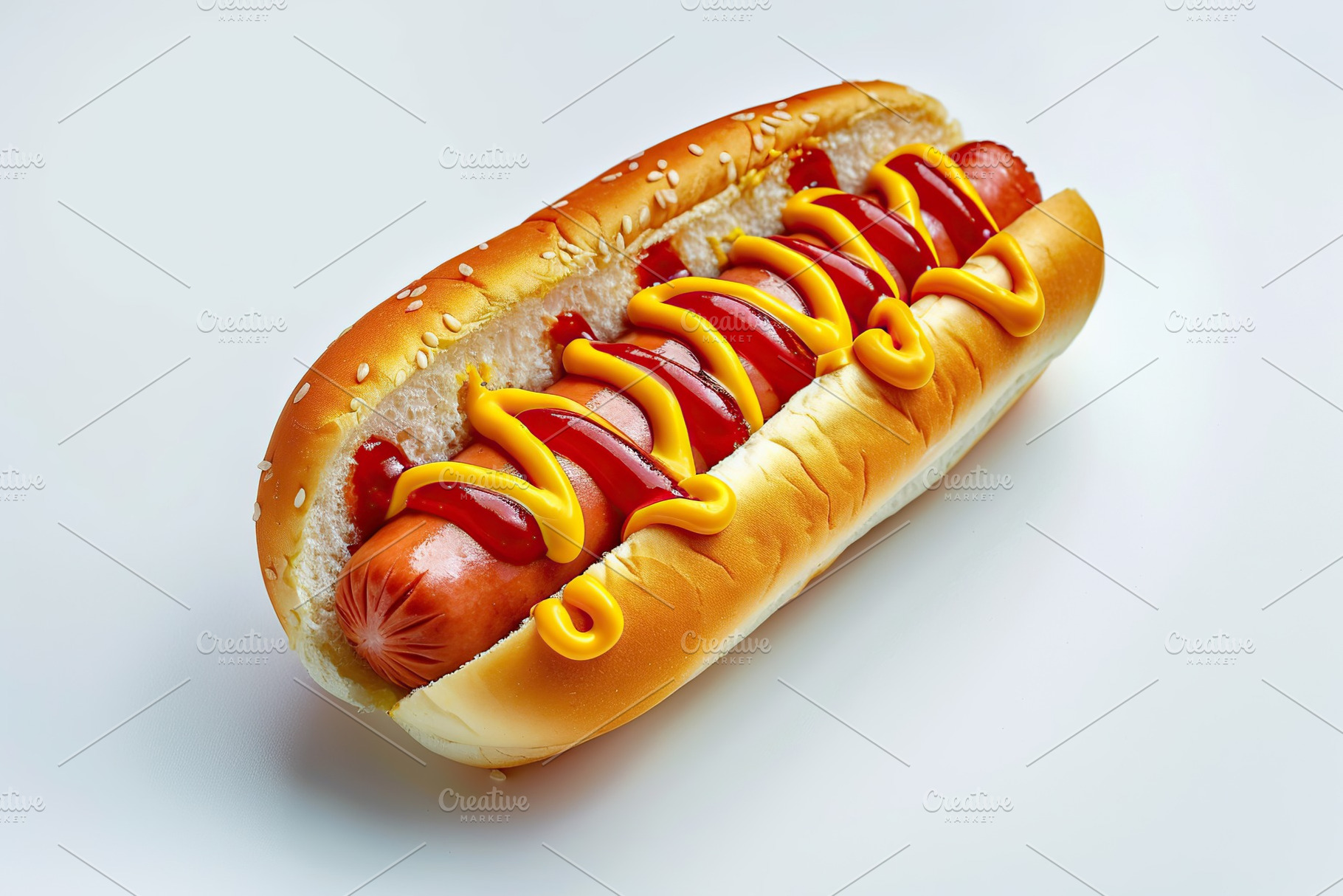 Hot dog with ketchup and mustard on white background, a Food & Drink Photo by AlyaAnd