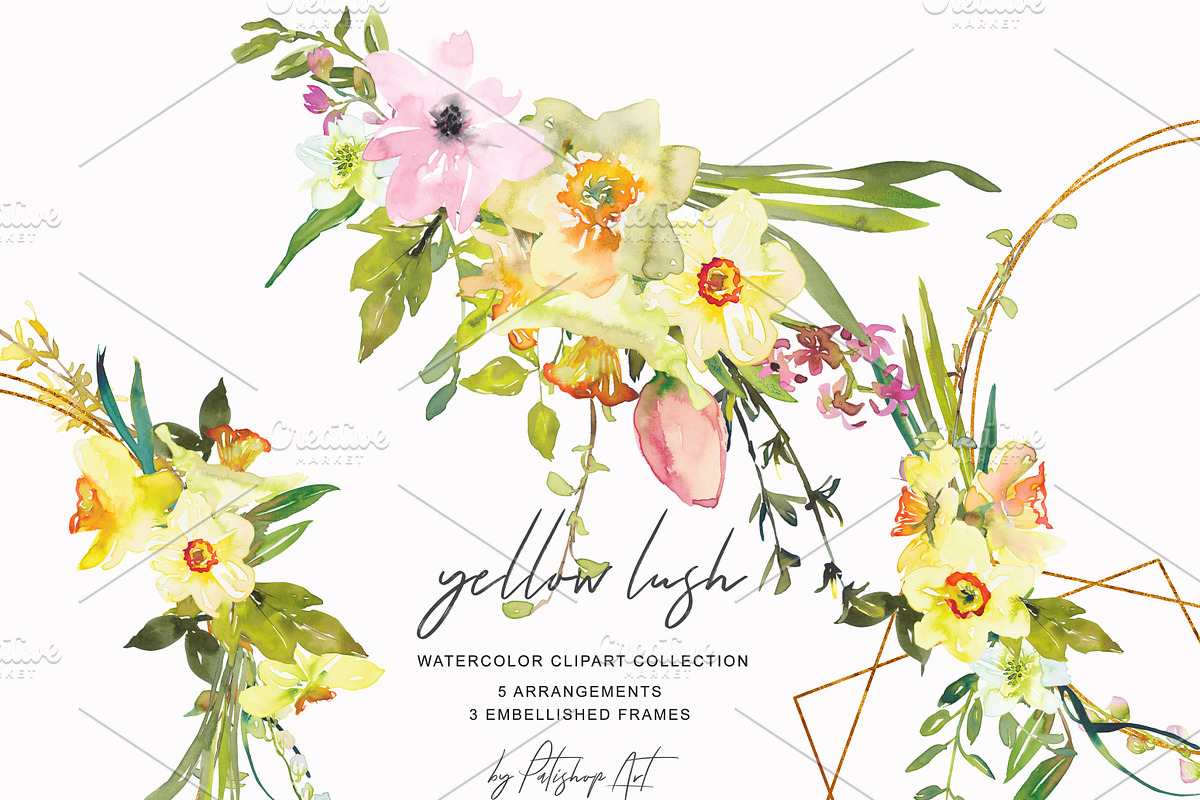 Watercolor Daffodil Bouquet & Frames, an Illustration by Patishop Art (Photo 4 of 7)