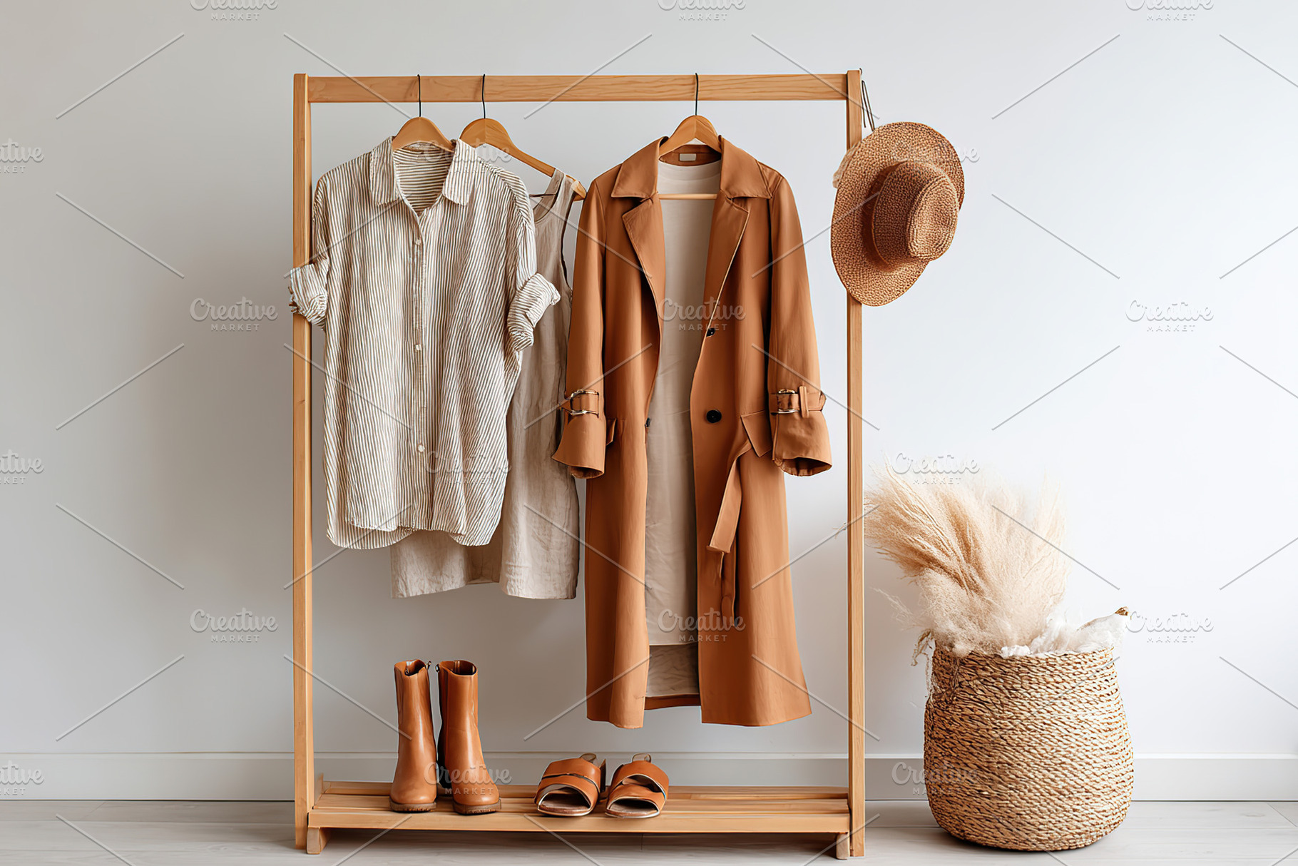 Stylish autumn wardrobe displayed with neutral tones and accessories on a cloth, a Photo by AlyaAnd