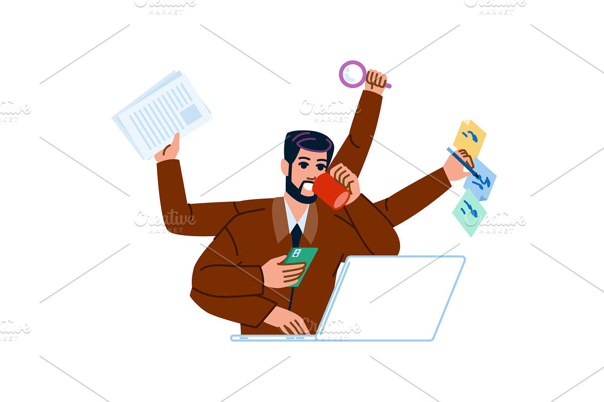 Busy multitasking businessman, a Technology Illustration by pikepicture