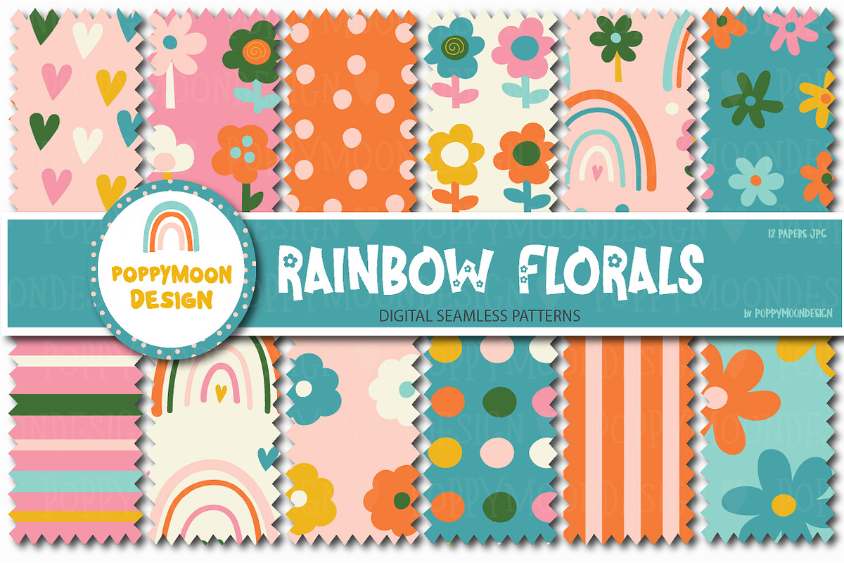 Rainbow Florals paper set, a Graphic by Poppymoondesign (Photo 1 of 4)