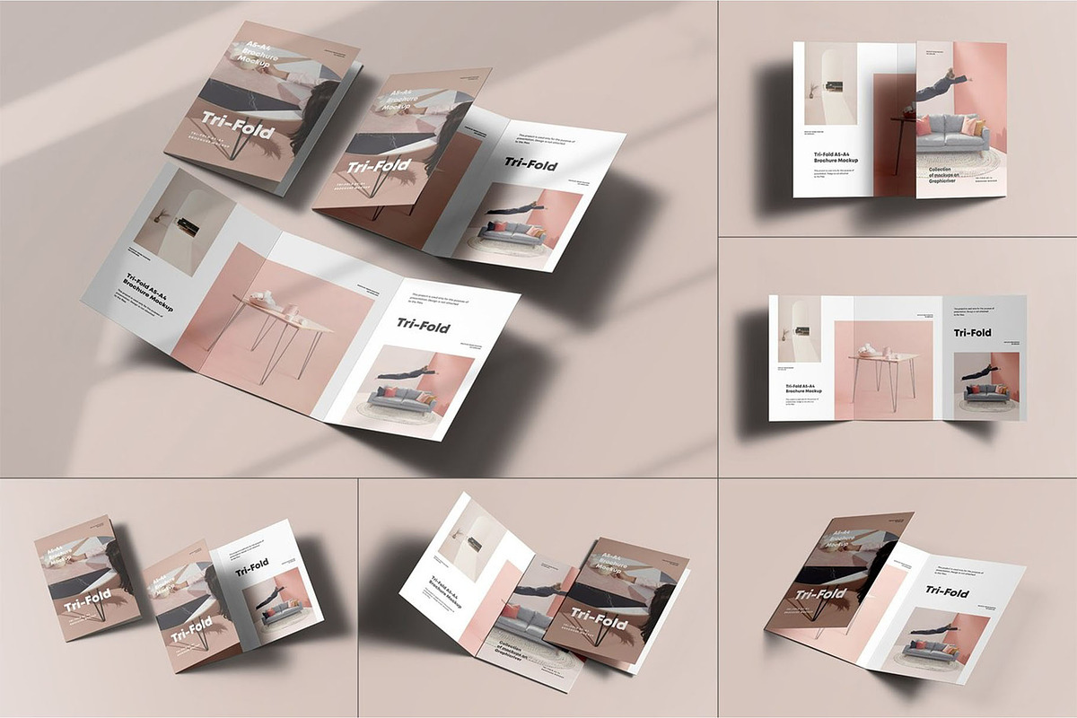 Tri-Fold A5 Brochure Mock-up 3, an Advertising Mockup by Se٧enStudio (Photo 2 of 16)