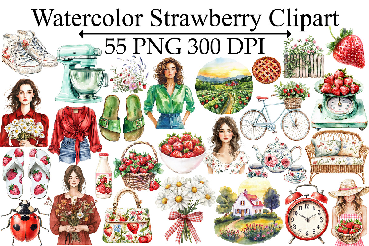 Watercolor Strawberry Clipart, an Illustration by Design Market (Photo 1 of 5)