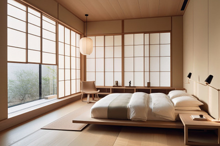 Hotel room with neutral tones, minimalist furniture, and open window with fores, an Architecture Photo by zakiroff
