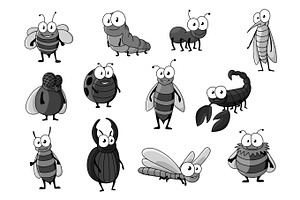 Cartoon Insects And Bugs Vector Icons Set