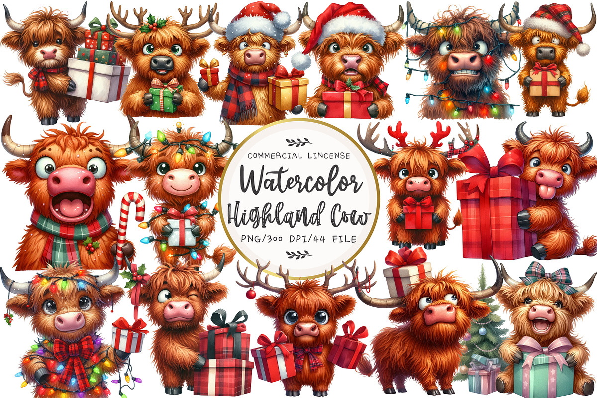 Christmas Highland Cow Clipart, an Illustration by OK Design (Photo 1 of 5)
