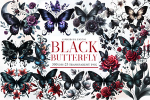 Black Butterfly Watercolor Clipart, an Illustration by Designworld