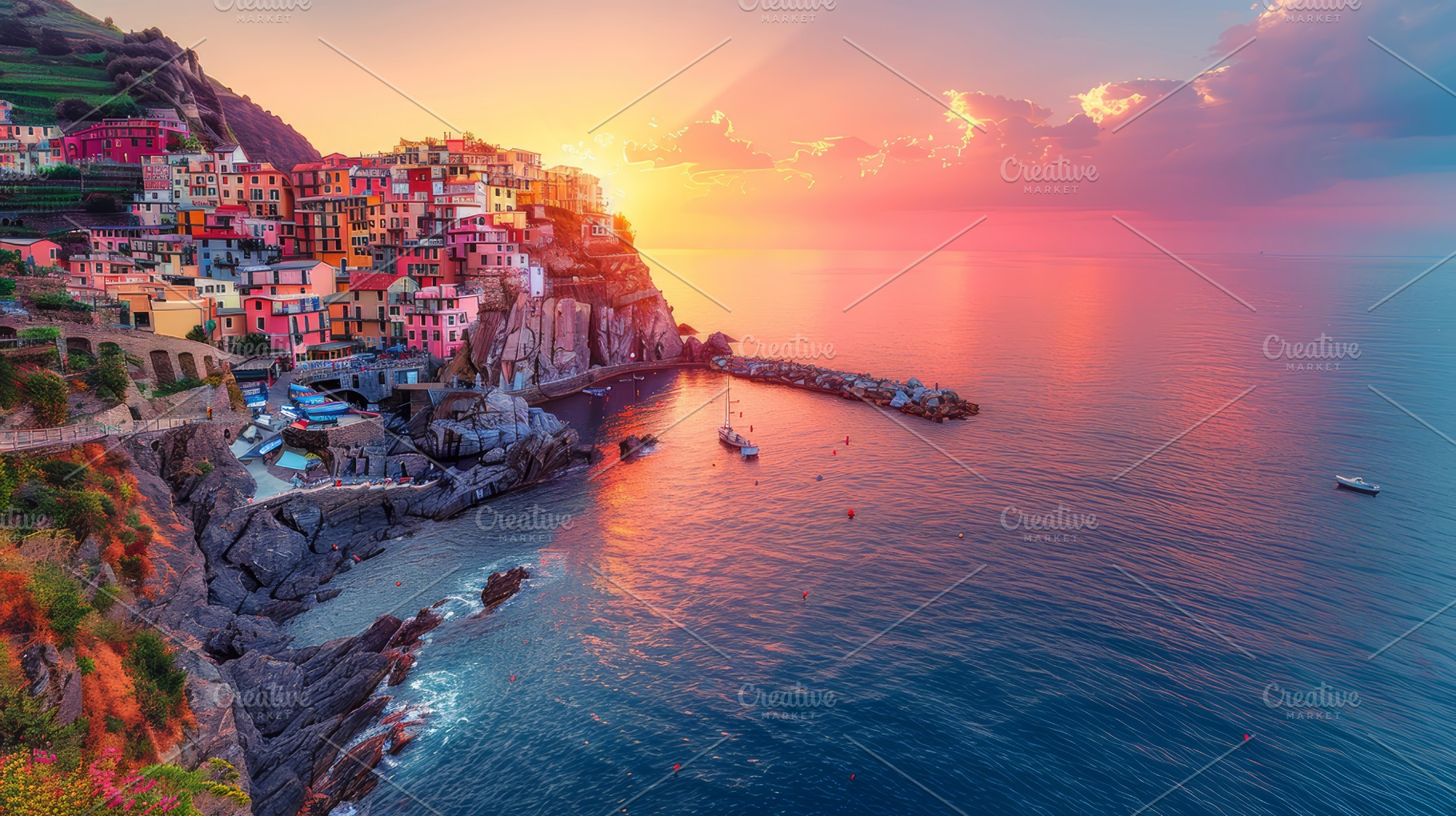 Sunset Over Colorful Houses in Cinque Terre, Italy: A Stunning Coastal View, a Photo by AS photostudio