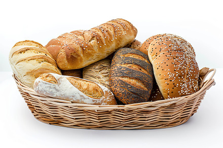 Freshly different baked bread in basket isolated on white background, a Food & Drink Photo by AlyaAnd