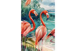 Tropical Flamingos by Ocean Art, an Animal Illustration by Art Paradise Studios