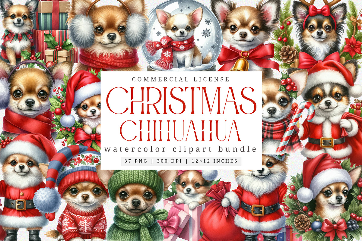 Watercolor Christmas Chihuahua Png, an Illustration by SinaCreation (Photo 1 of 7)