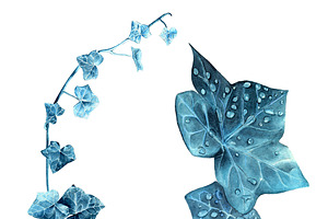 Set of blue watercolor leaves